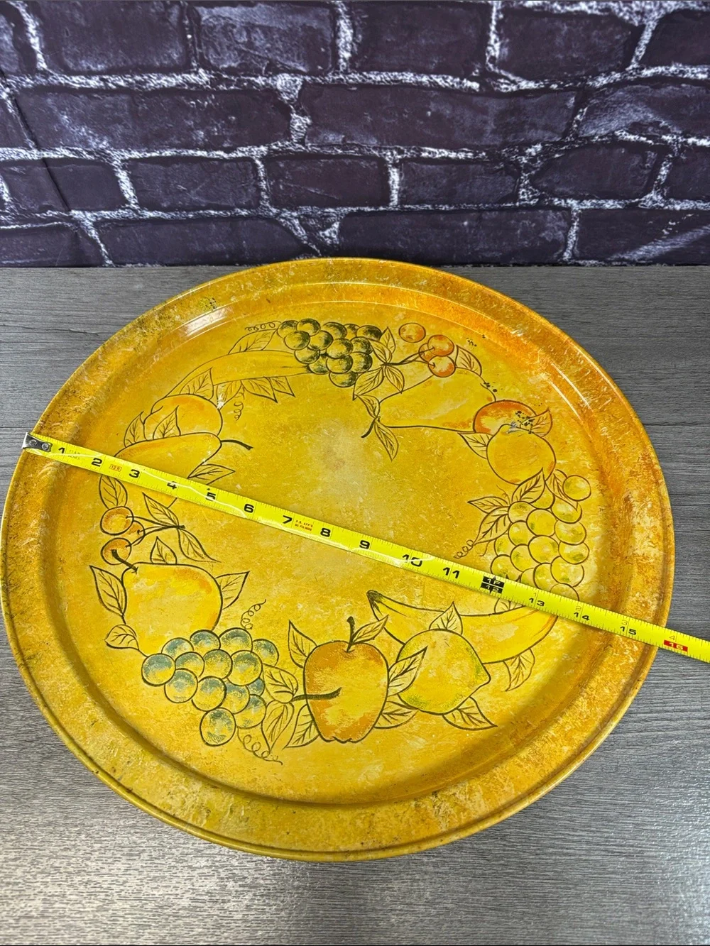 Vintage Large Yellow Metal Tole Fruit Motif Serving Tray